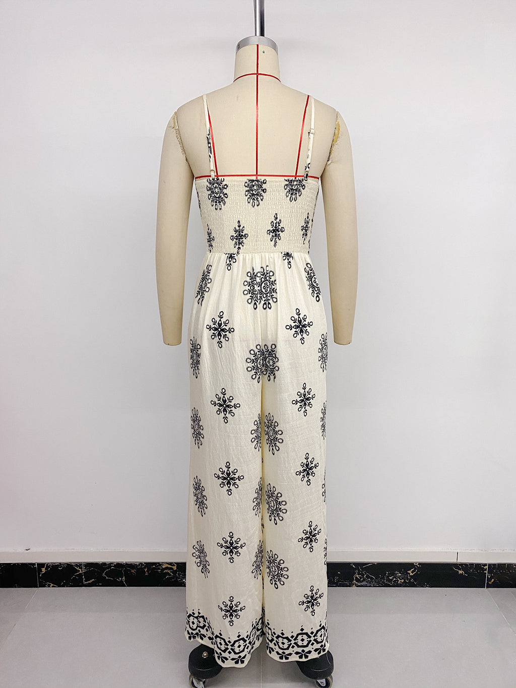 Summer Ethnic Vacation Spaghetti Strap Floral Print Fitted Waist Jumpsuit