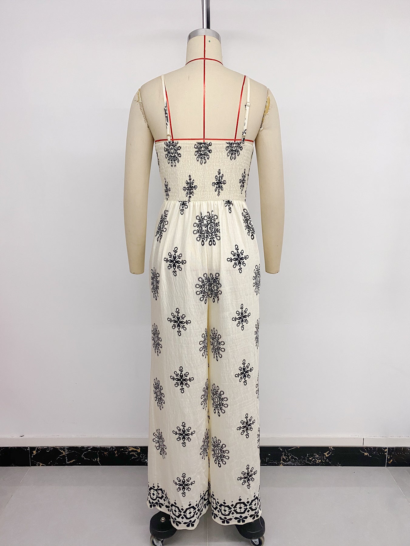 Summer Ethnic Vacation Spaghetti Strap Floral Print Fitted Waist Jumpsuit