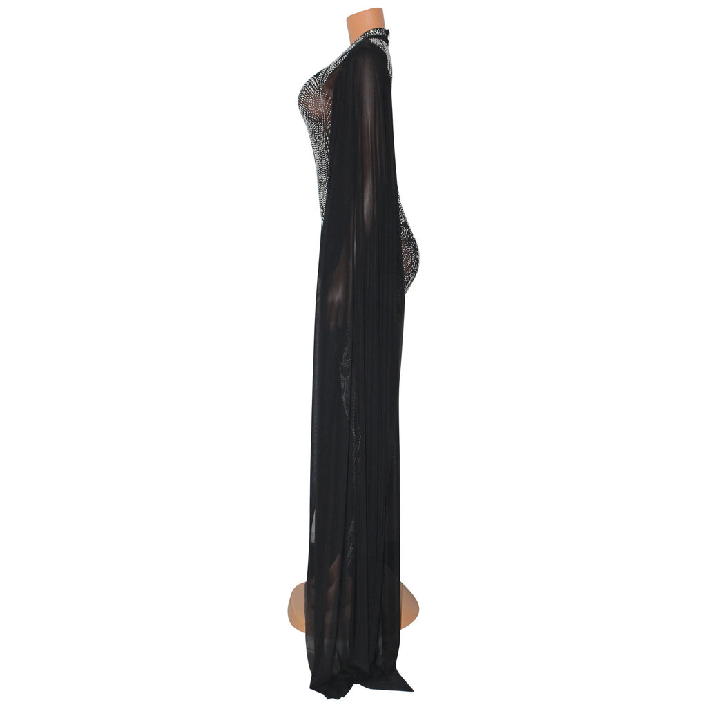Autumn Winter Women Clothing Sexy Mesh Rhinestone See through Nightclub Jumpsuit Women