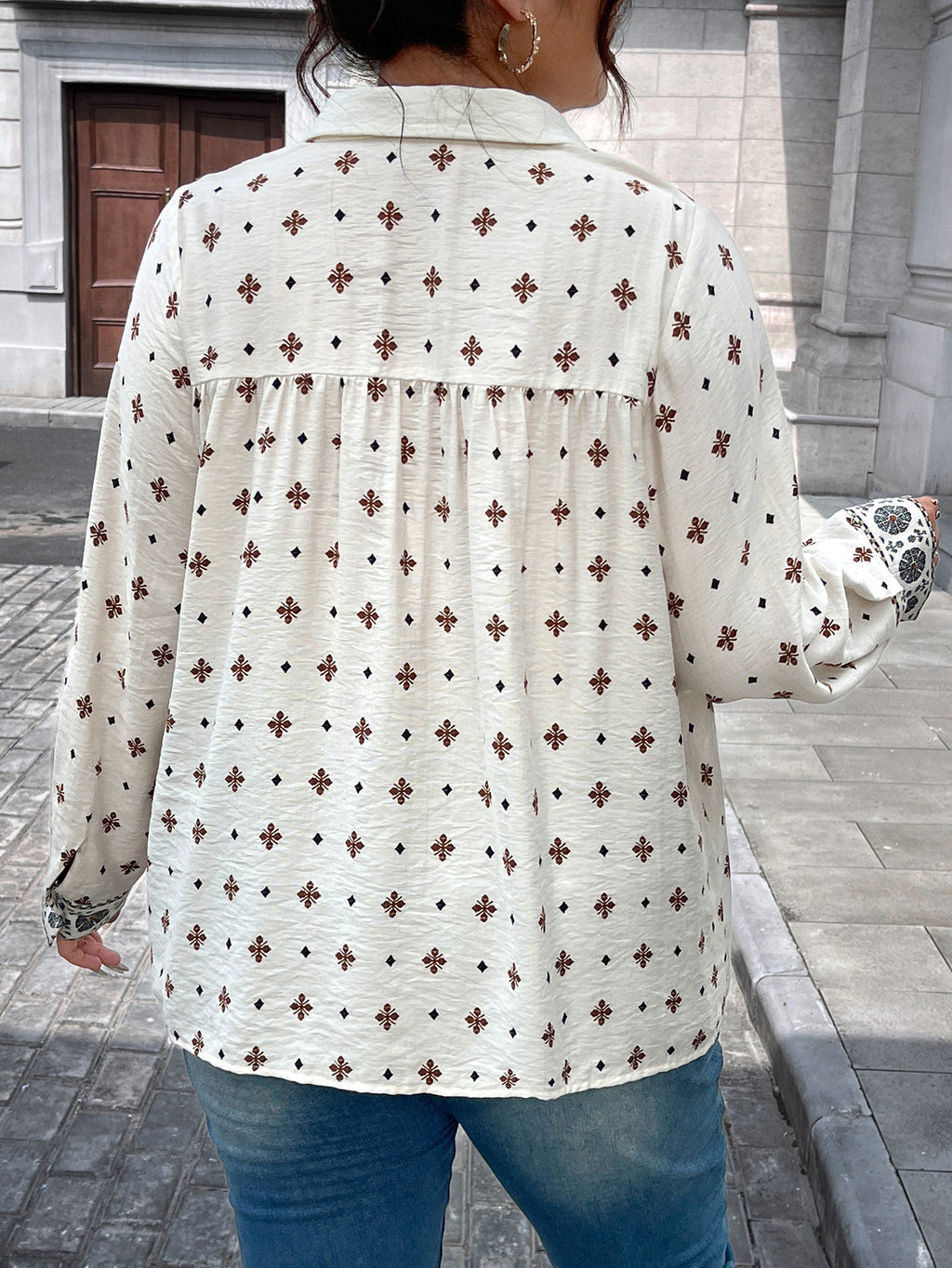Women Shirt Top Beige Printing Hollow Out Cutout Design Polo Collar Casual Top