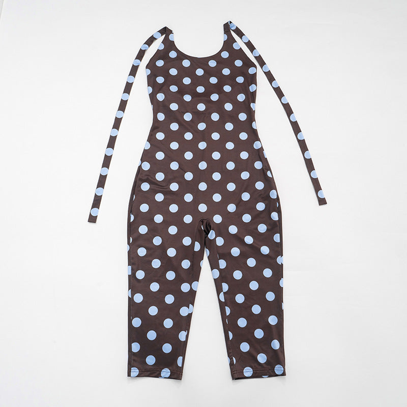 Women Clothing Summer Polka Dot Print Sleeveless Halter Tied Slim Fit Cropped Jumpsuit
