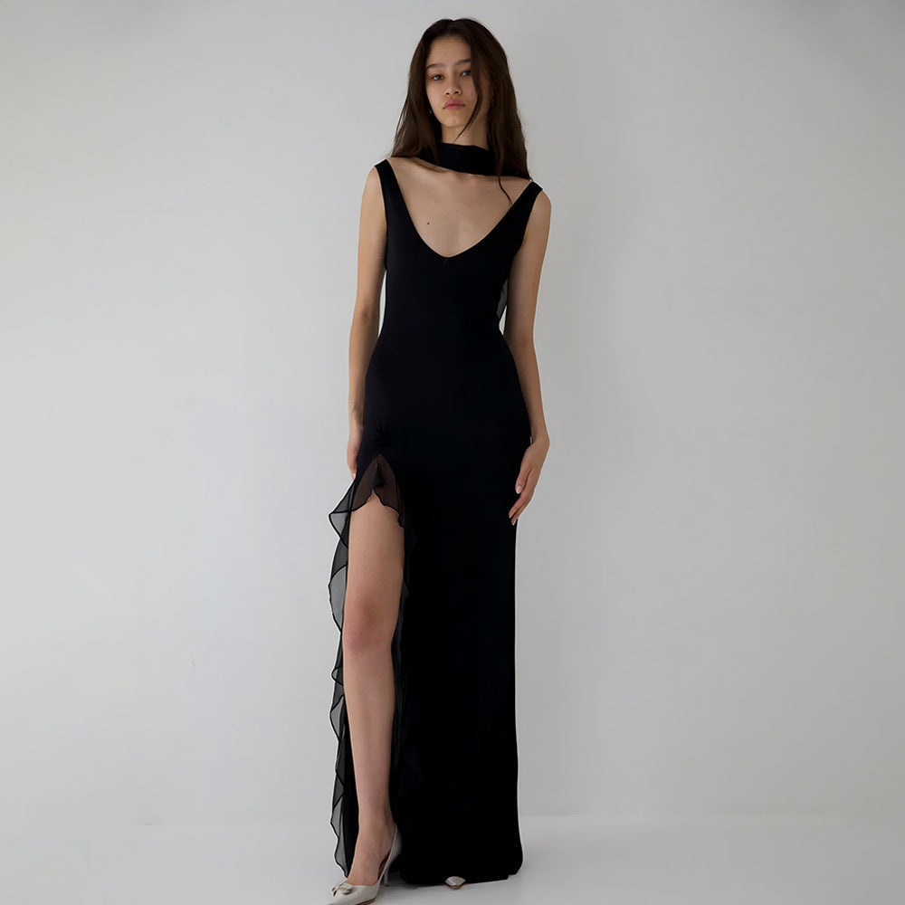 Hopewell Elegant Ribbon Sexy Backless High Slit Ruffled Slim Dress