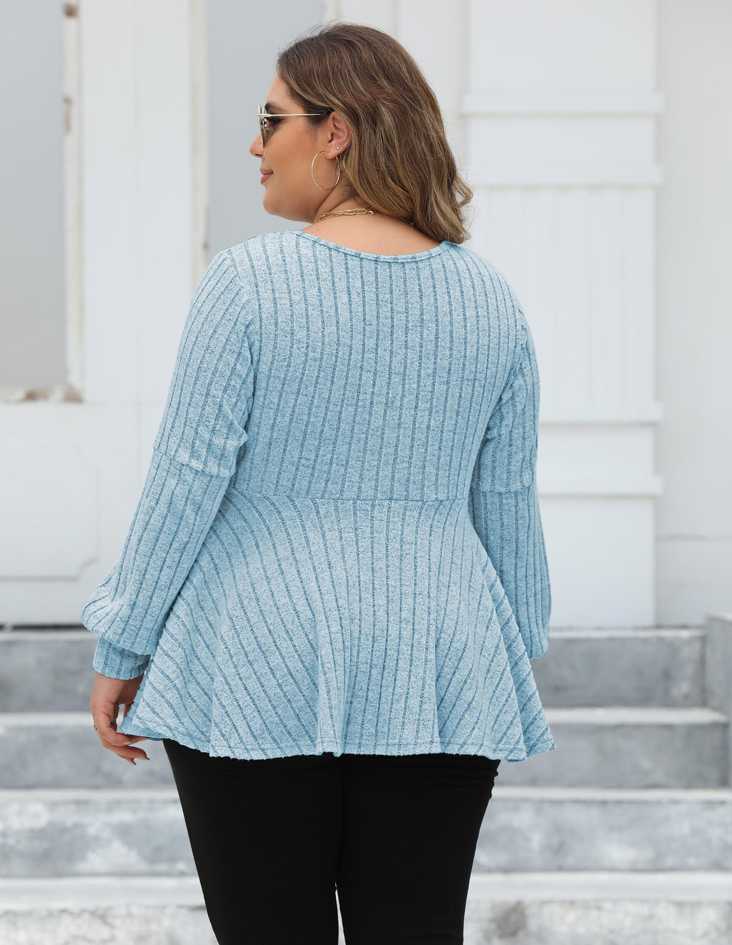 Women Tops plus Size Women Doll Shirt V neck Sunken Stripe Fleece Lantern Sleeve T shirt Gold Fastener Decoration Top