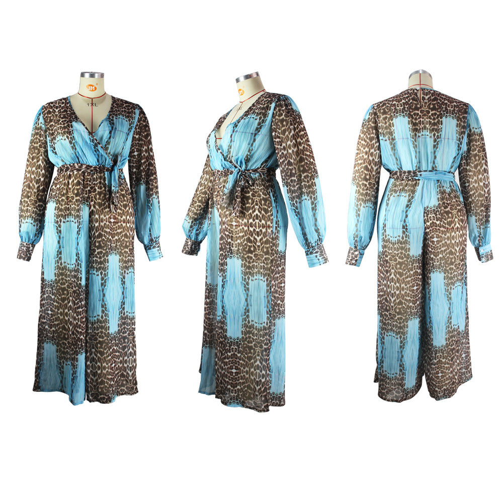 Plus Size Plus Size V neck Chiffon Jumpsuit Leopard Print Fashion Sexy Long with Belt