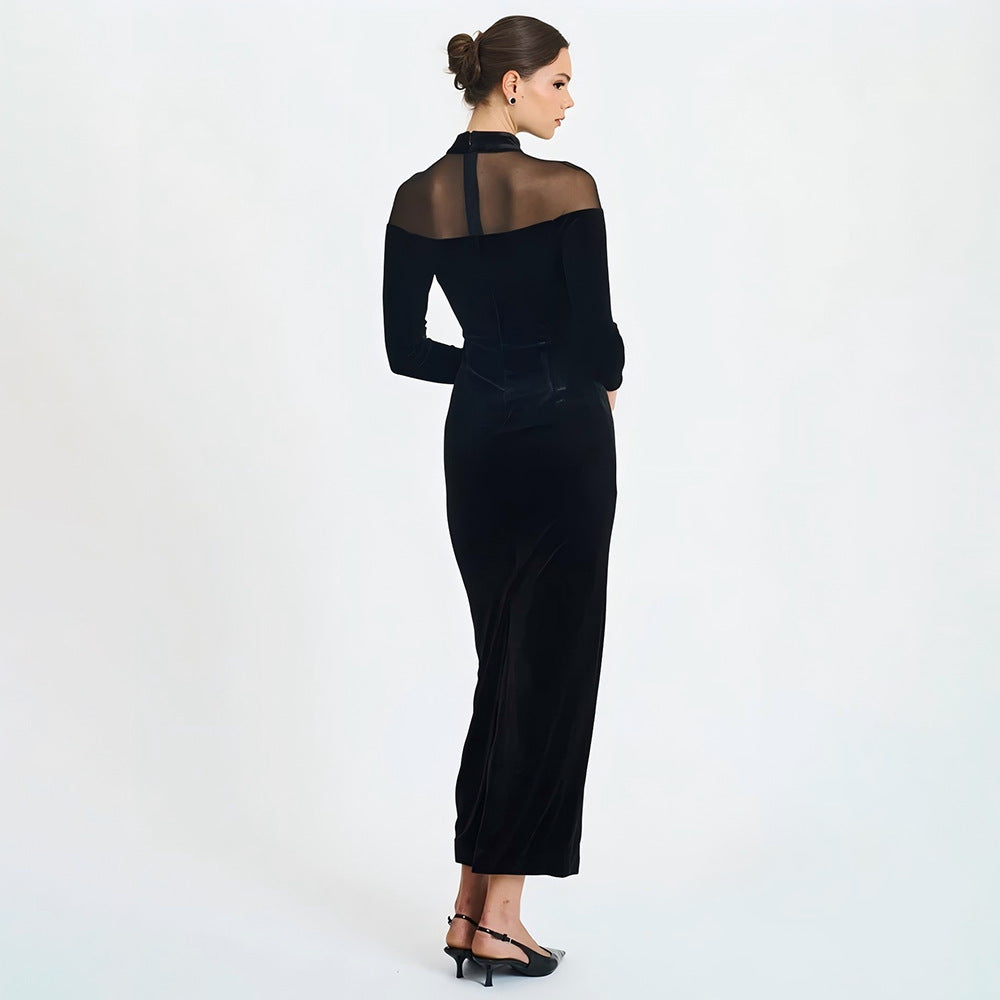 Valle Lindo Wear Voile See through Stitching Sexy Tight Solid Color Dress