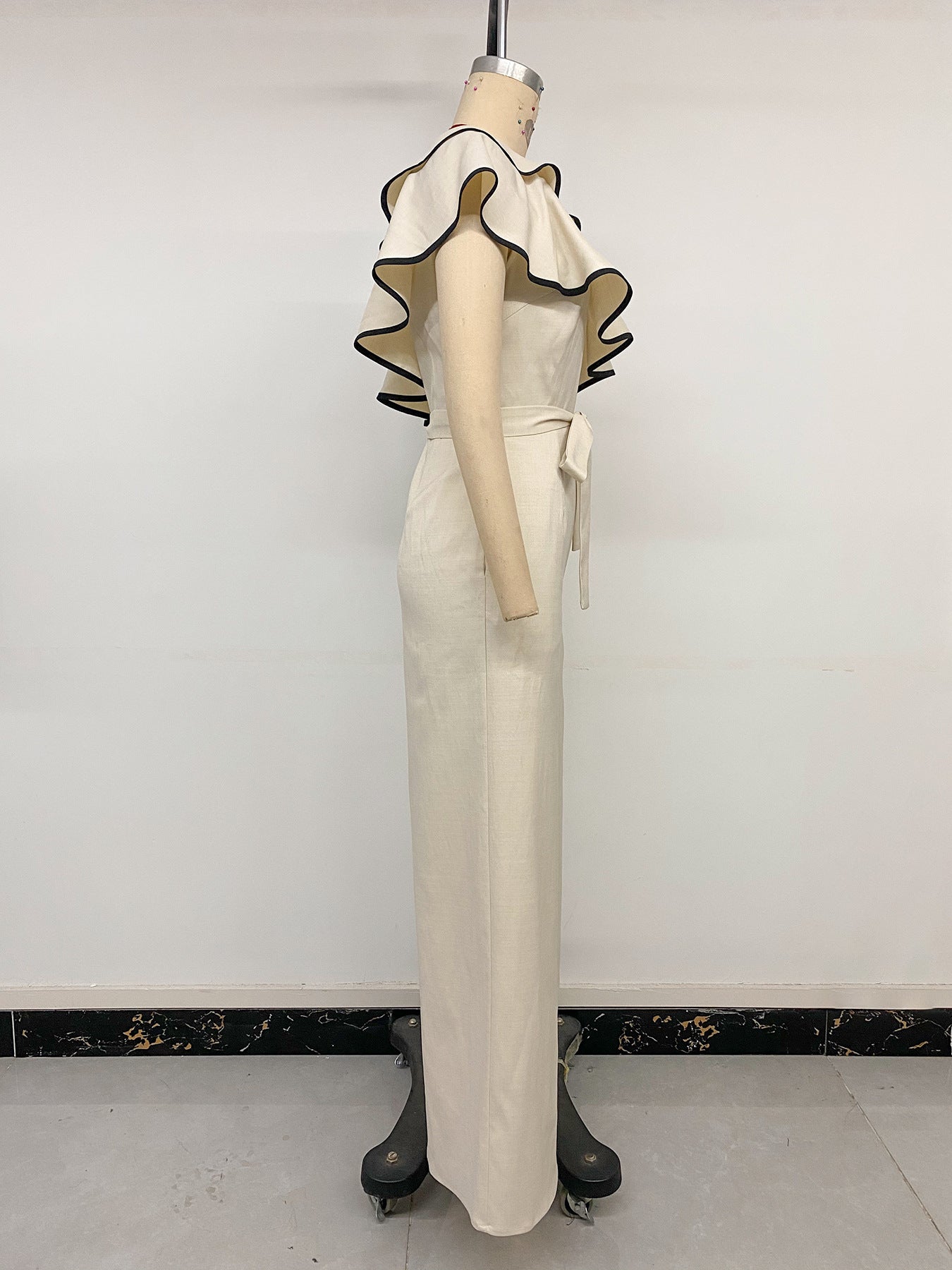Minimalist Vacation Apricot One Shoulder Ruffled Fitted Waist Jumpsuit