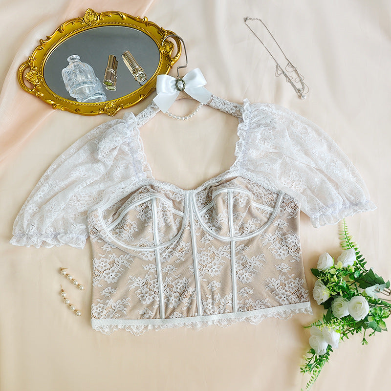 Sexy Lace See through Puff Sleeve Lace Boning Corset Top