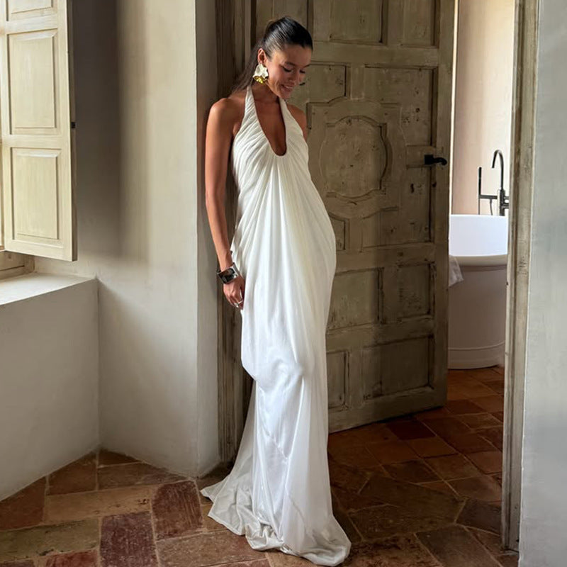 Los Frailes Sexy Loose Backless Sleeveless V Neck Pleated Long Halter Mesh Dress