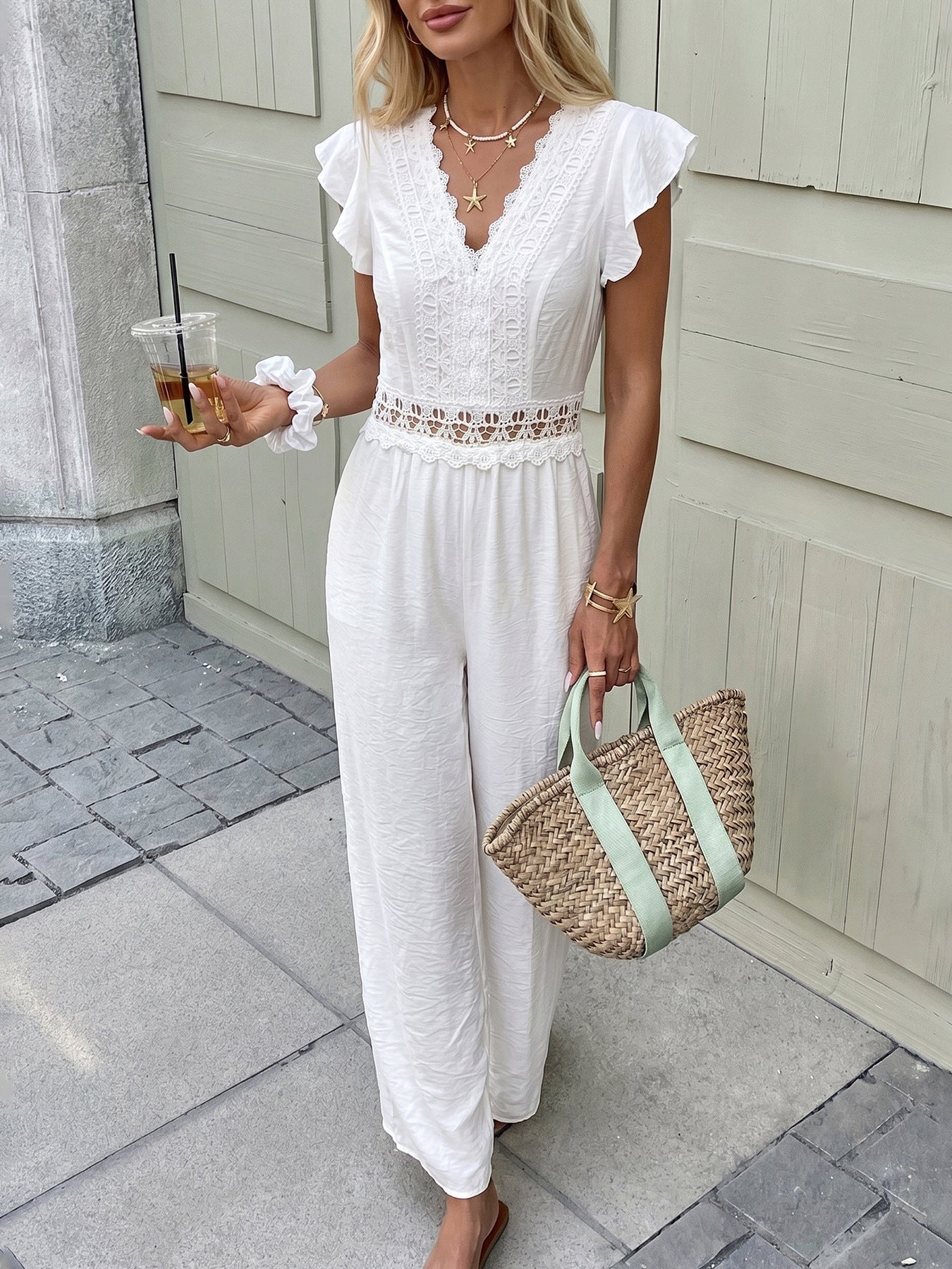 French Gentle Flounced Sleeve Solid Color Lace Hollow Out Cutout out V neck Jumpsuit