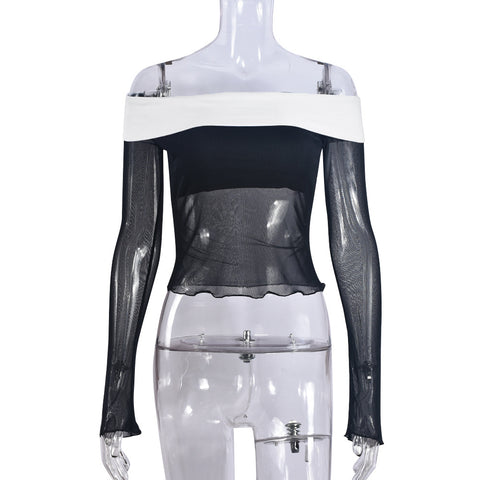 Autumn Contrast off Neck Sheer Long Sleeve