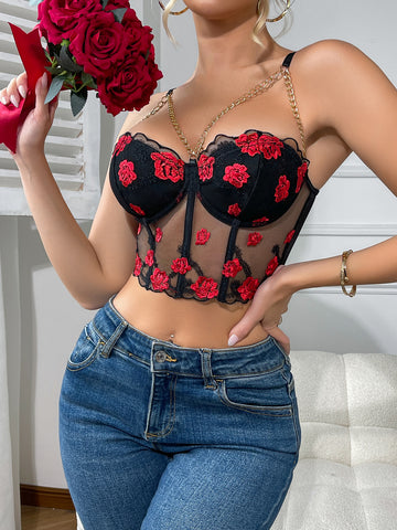 Sexy Corset Floral Steel Tube Embroidered