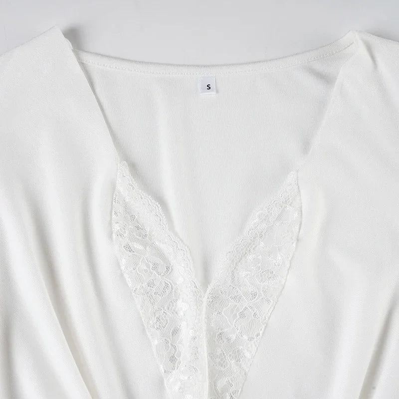 Ozone Park Sexy Lace V neck Long Sleeved Pleated Slim Top