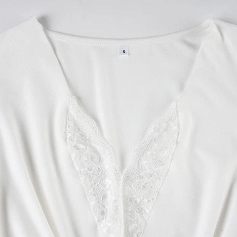 Ozone Park Sexy Lace V neck Long Sleeved Pleated Slim Top