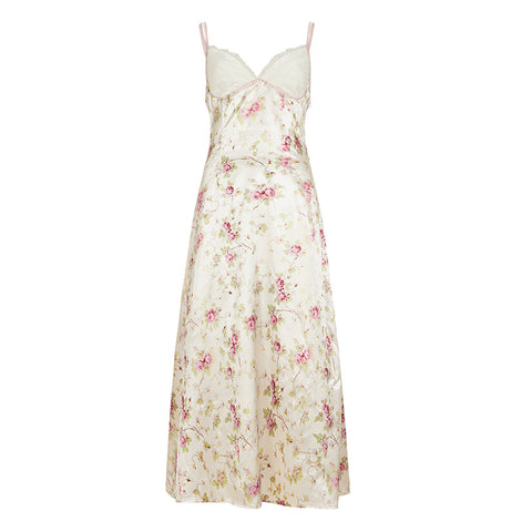 Polonia Sexy V neck Lace Satin Splicing Sling Floral A line Printed Maxi Dress
