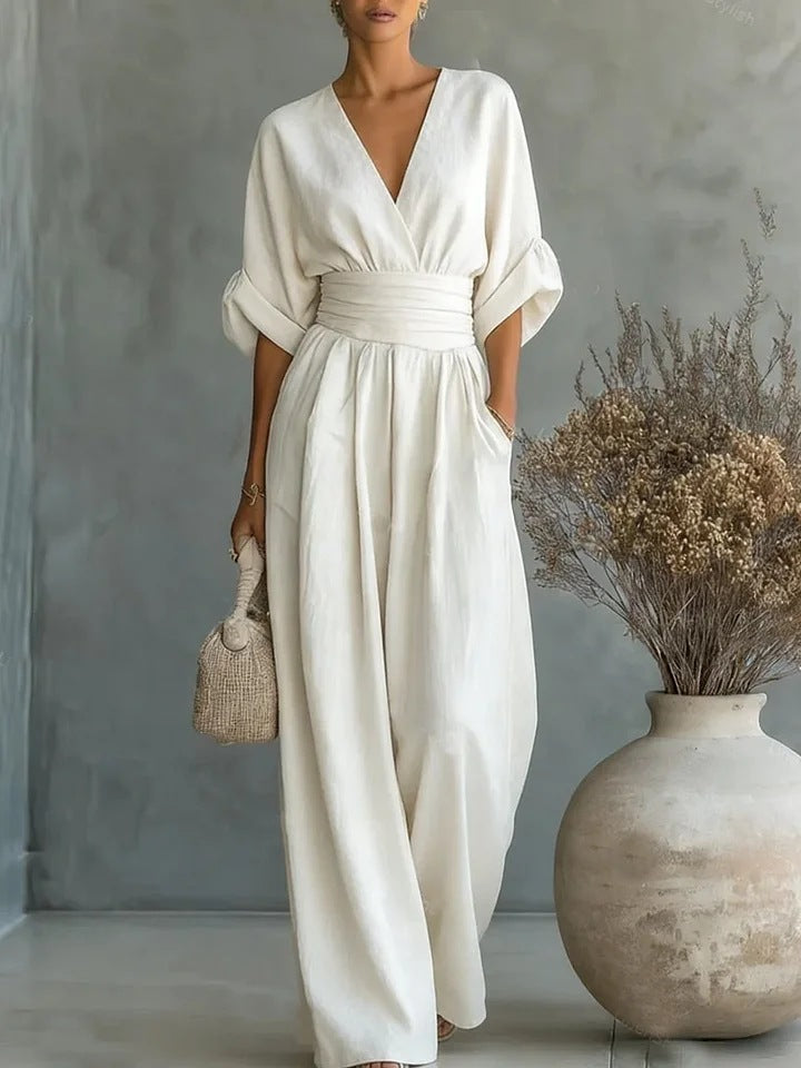 Spring Summer Elegant Tight Waist V neck Elegant Women Jumpsuit
