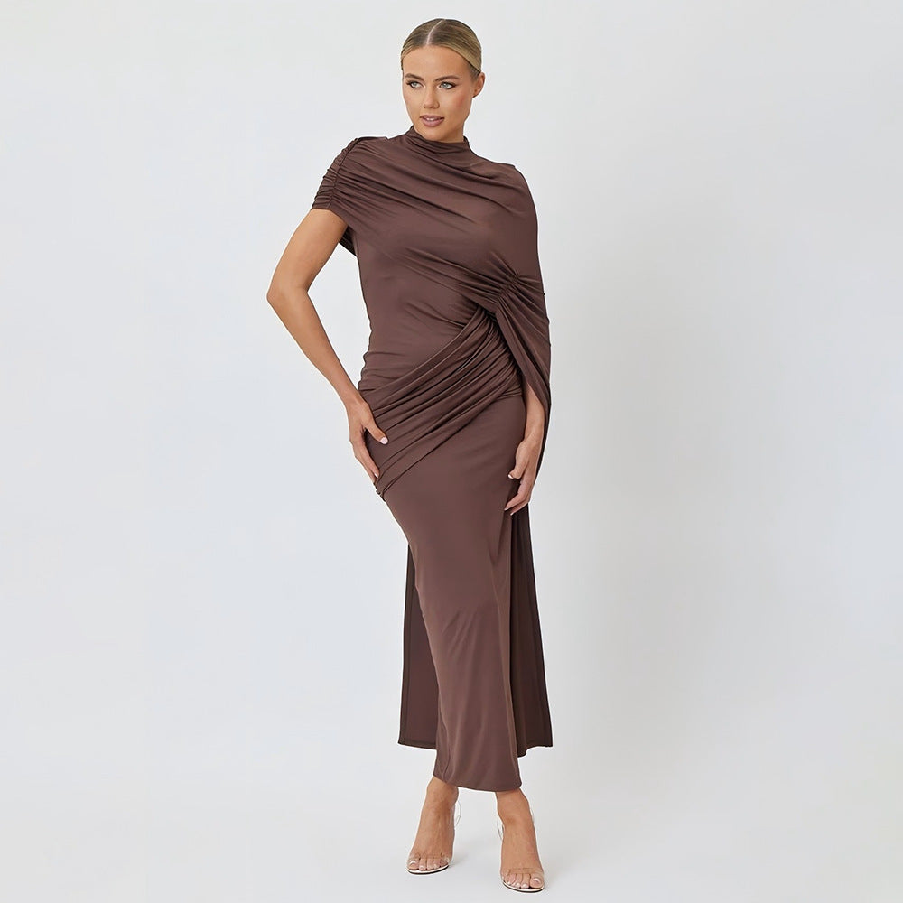 El Rosar Round Neck Shoulder Wrap Solid Color Slim Sexy Dress