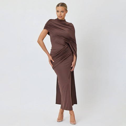 El Rosar Round Neck Shoulder Wrap Solid Color Slim Sexy Dress