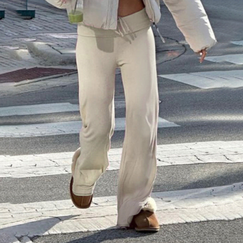 Spring Summer Street Outdoor Home Casual Pants Waist Lace up Smooth Straight Leg Trousers