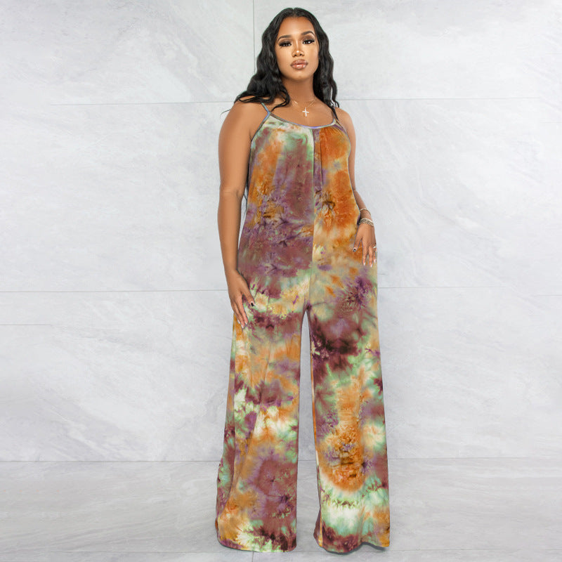 Plus Size New Tie-Dyed Printed Sling Casual Straight Stylish Loose Jumpsuit