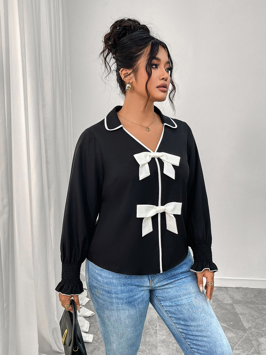 Chanel Coat Polo Collar Black Short Coat Bow Top