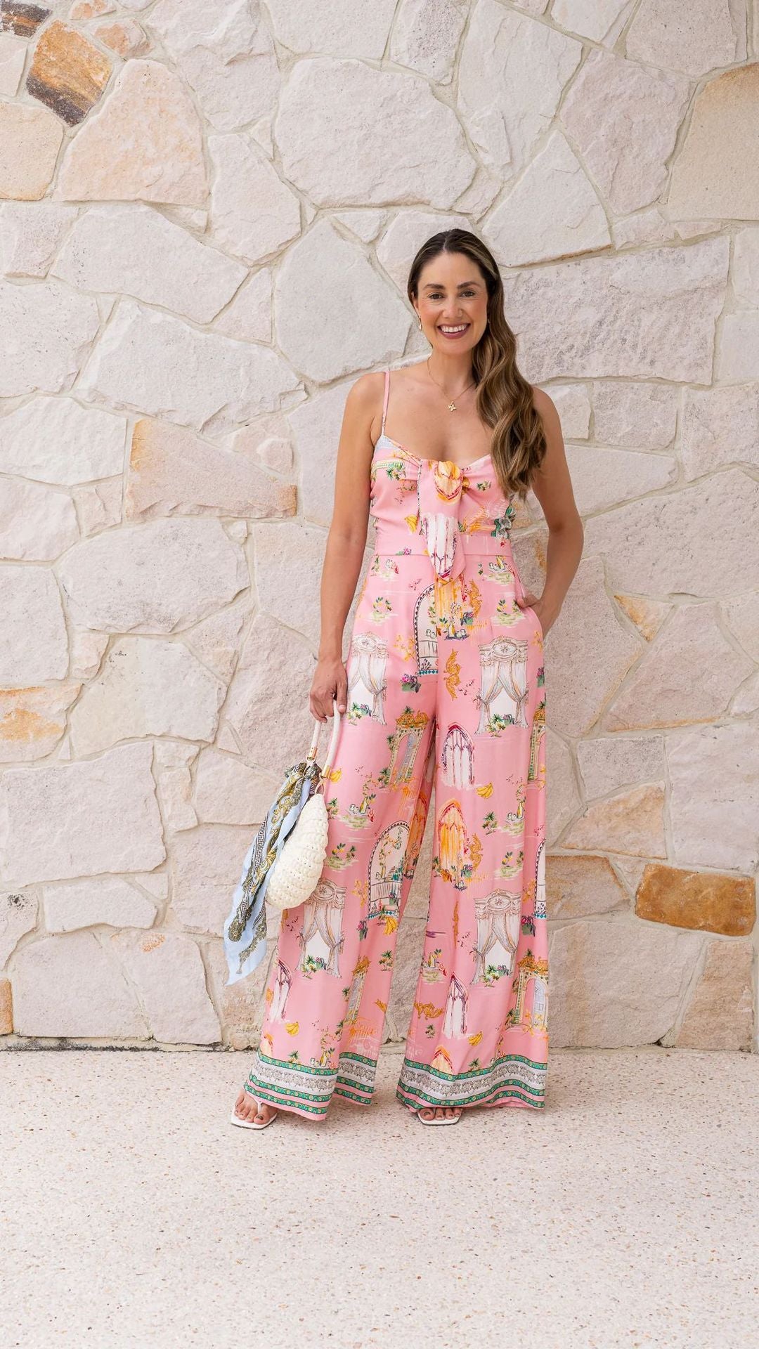 Summer Positioning Printing Casual V neck Strap Wide Leg Lace up Jumpsuit