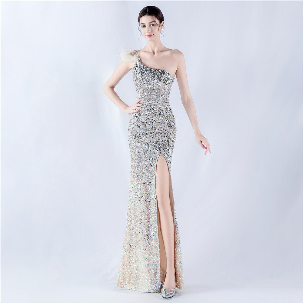 Sanchez Espaillat Gradient Velvet Sequin Craft Feather One Shoulder Collar High Dress