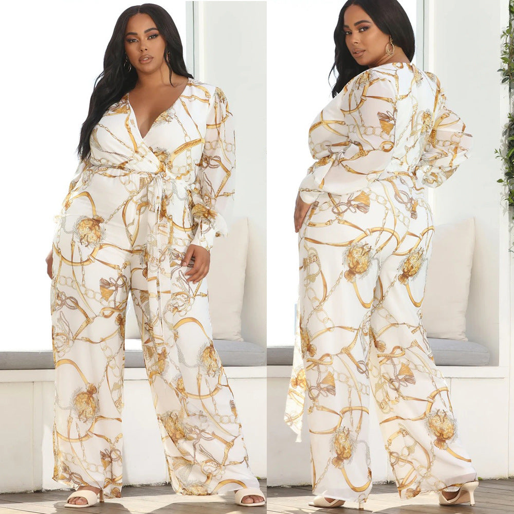 Plus Size Plus Size V neck Chiffon Jumpsuit Leopard Print Fashion Sexy Long with Belt
