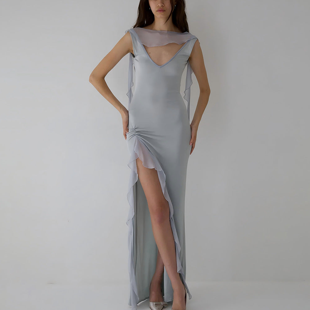 Hopewell Elegant Ribbon Sexy Backless High Slit Ruffled Slim Dress