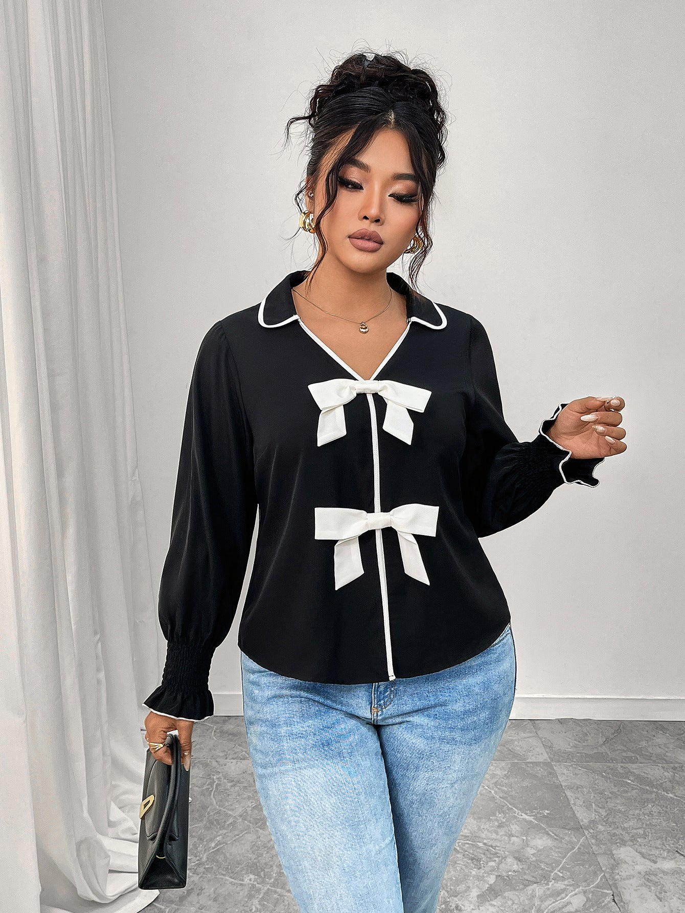 Chanel Coat Polo Collar Black Short Coat Bow Top