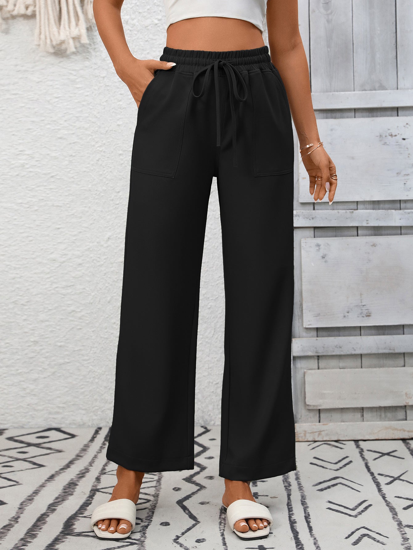 Summer Women Casual Drawstring Elegant Trousers Wide Leg Pants with Pockets