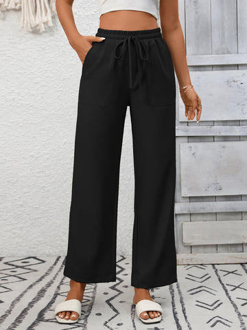 Summer Women Casual Drawstring Elegant Trousers Wide Leg Pants with Pockets