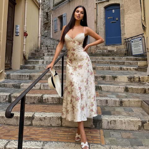 Polonia Sexy V neck Lace Satin Splicing Sling Floral A line Printed Maxi Dress