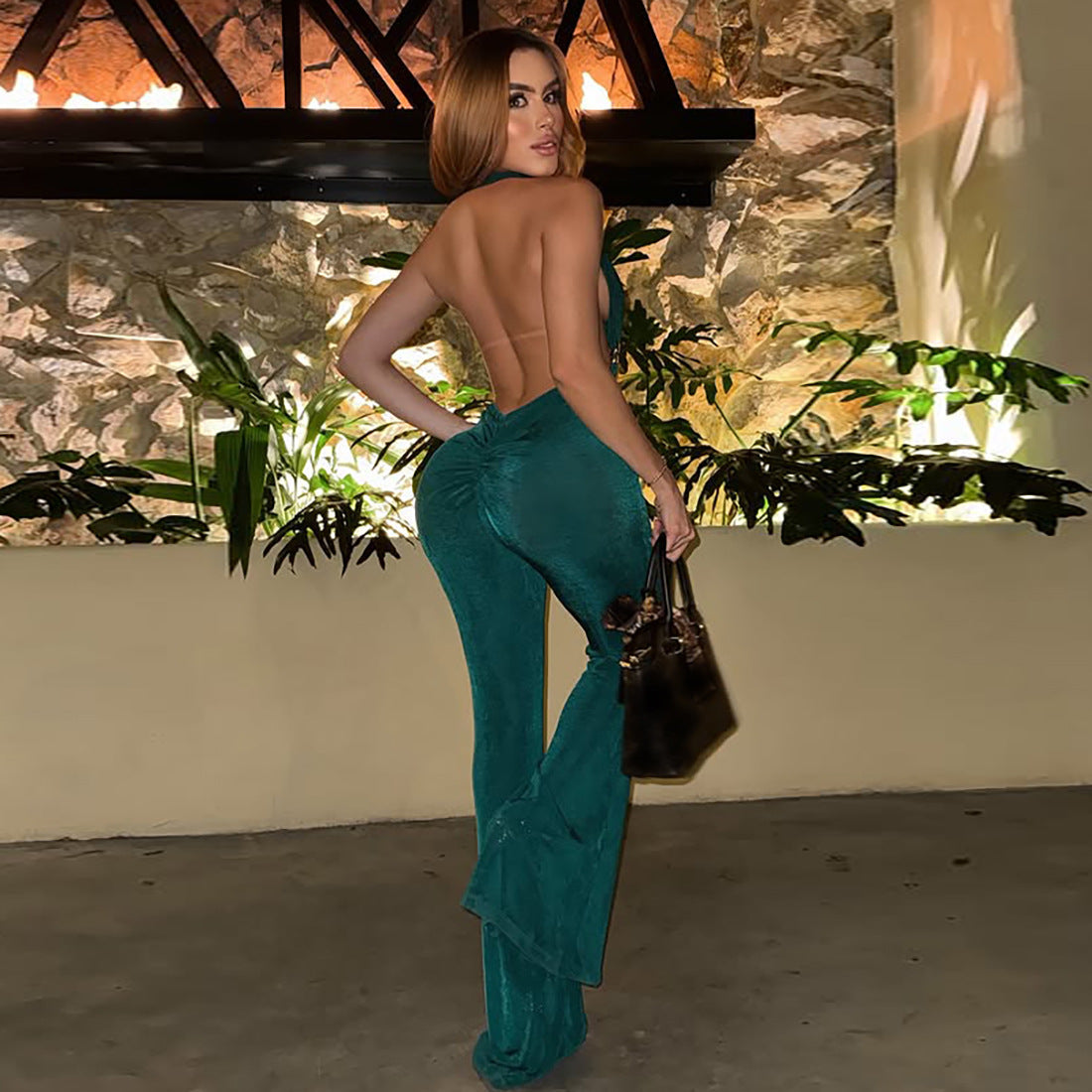 Autumn Winter Women Sexy Halter Backless Corset Bootcut Pants Jumpsuit