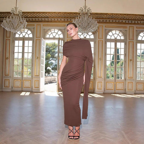 El Rosar Round Neck Shoulder Wrap Solid Color Slim Sexy Dress