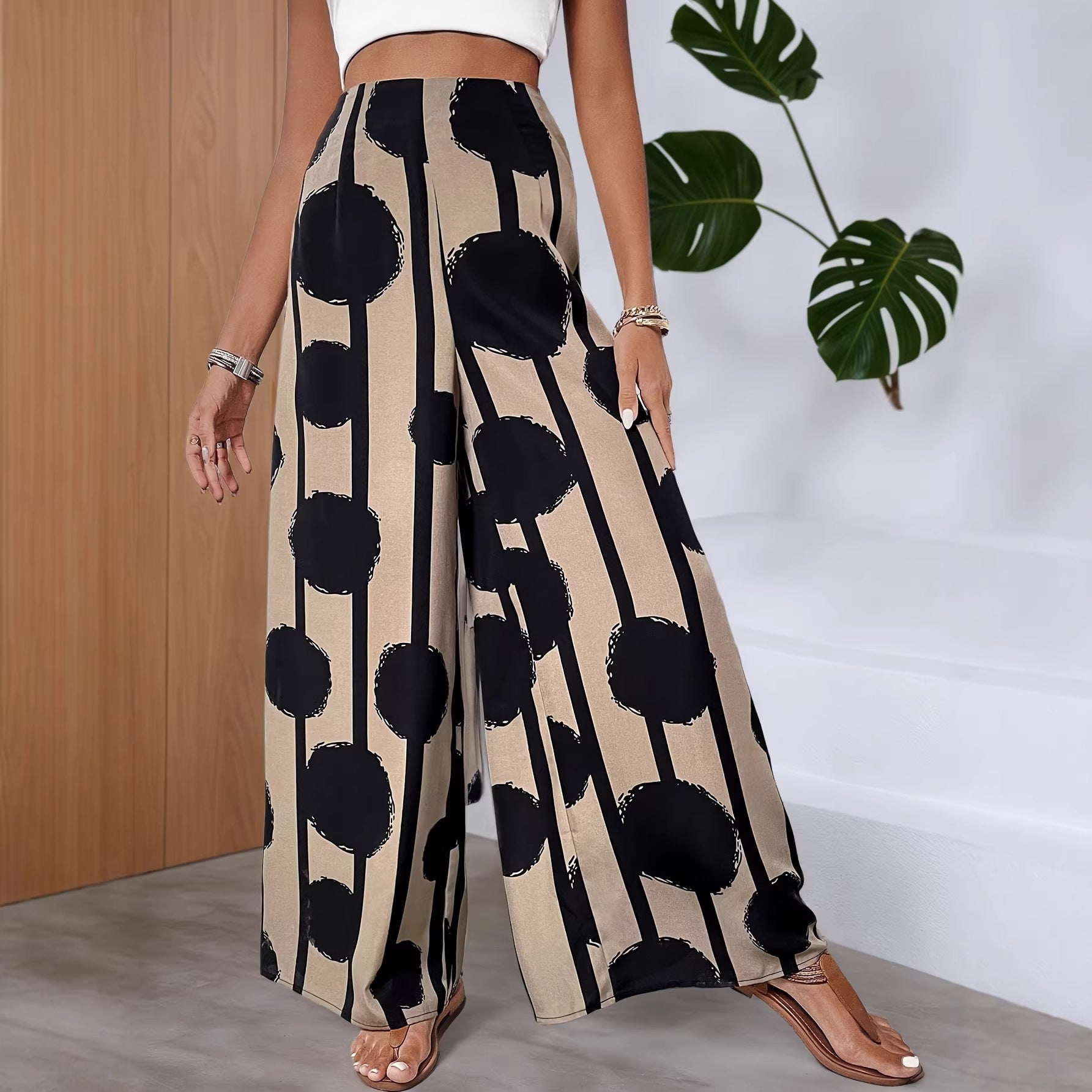 Women Summer Bohemian Printed Wide Leg Pants Loose High Waist Beach Trousers