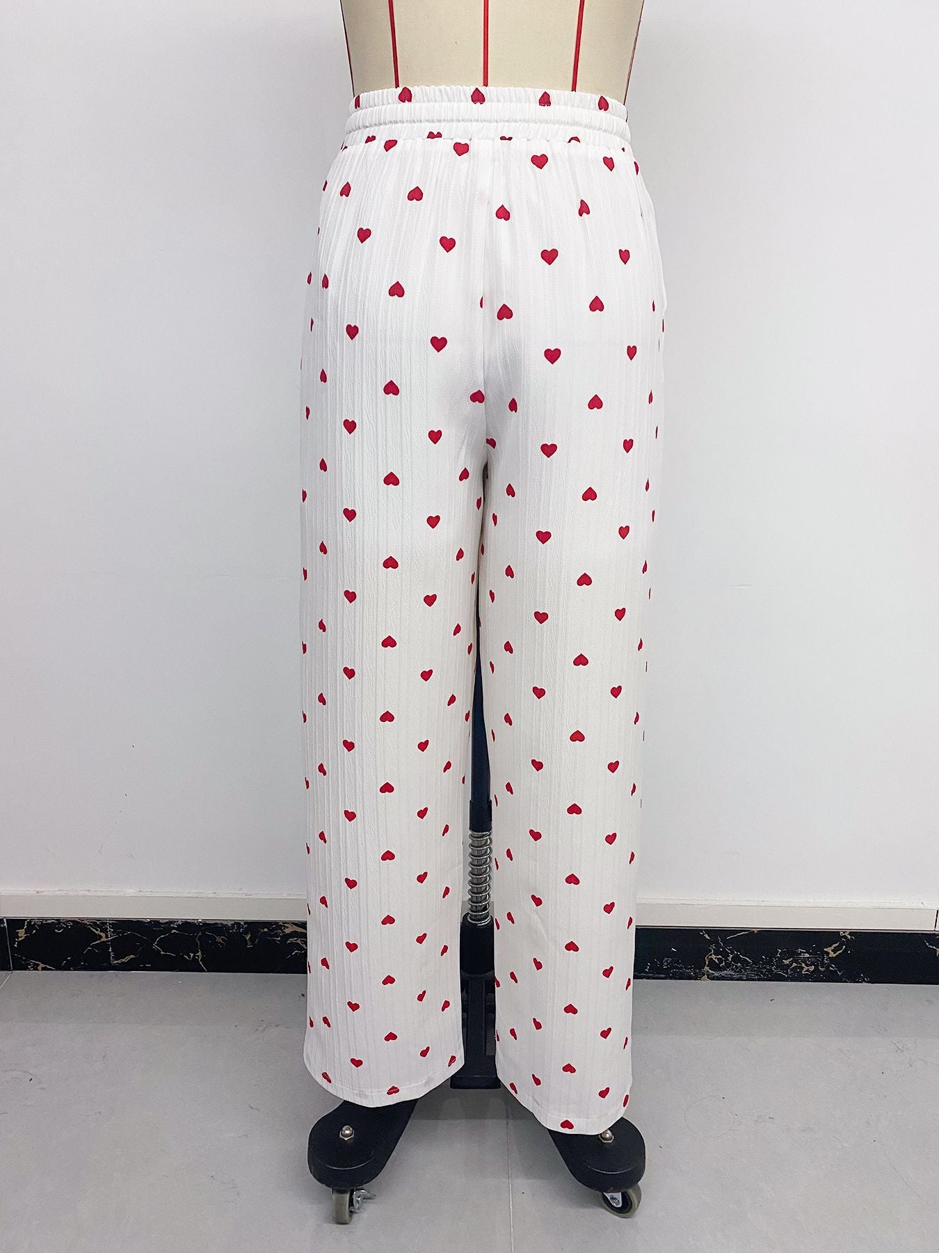 Women Long Pants Straight Lace up Love Pattern Casual Wide Leg Pants Summer