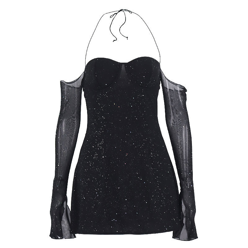 Virginia Mesh Long Sleeve Steel Ring Halterneck off Shoulder Sequin Dress