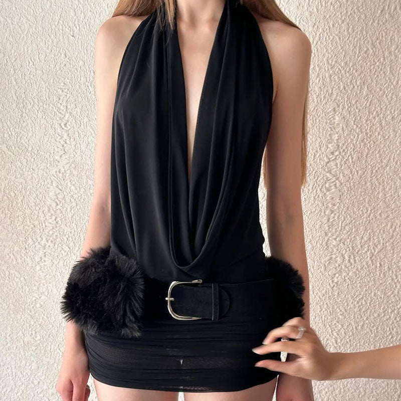 Villa Mella Hollowed out Backless Halter Deep V Plunge Hip Matching Mesh Dress