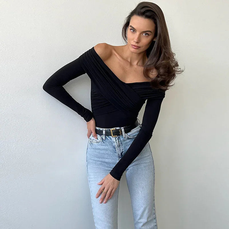 Co-op City Sexy off the Shoulder Long Sleeve Cross Pleated Slim High Waist Top