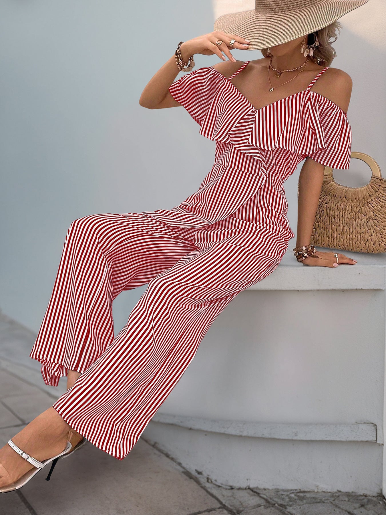 Pants Summer Striped Spaghetti Straps Wide Leg Jumpsuit Women