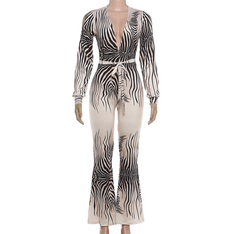 Sexy Deep V Plunge off-Shoulder Top High Waist Bootcut Pants Jumpsuit