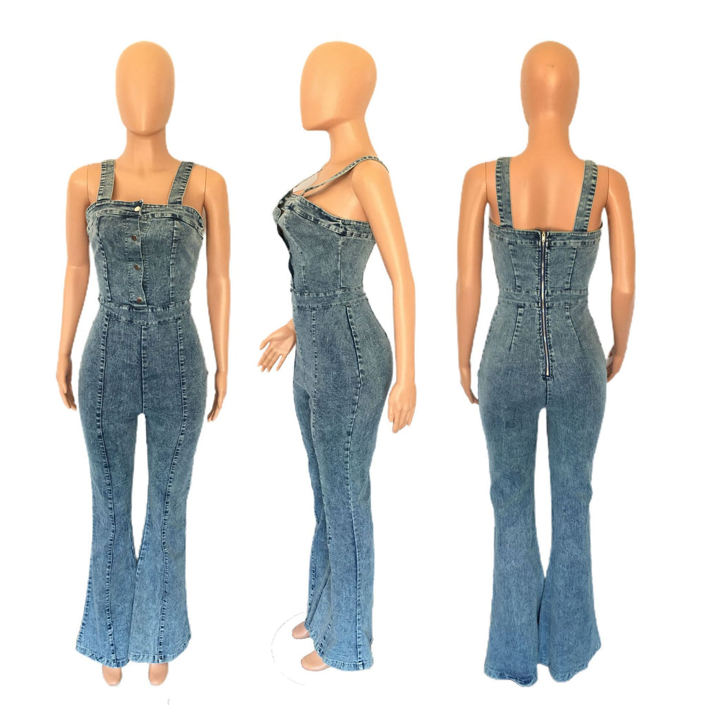 Denim Jumpsuit Women Slim Fit Bodysuit Waist Tight Washed Suspender Jumpsuit