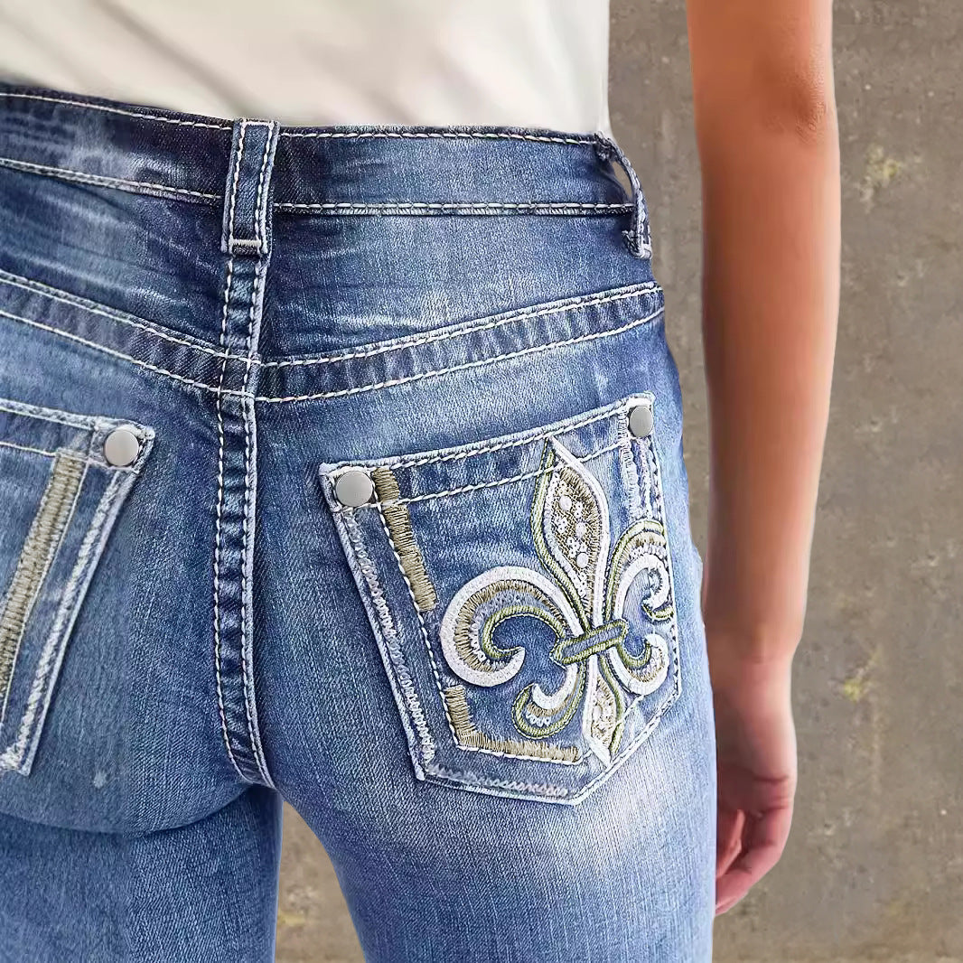 Spring Summer Back Pocket Embroidered Jeans Double Button Slimming Stretch Denim Trousers