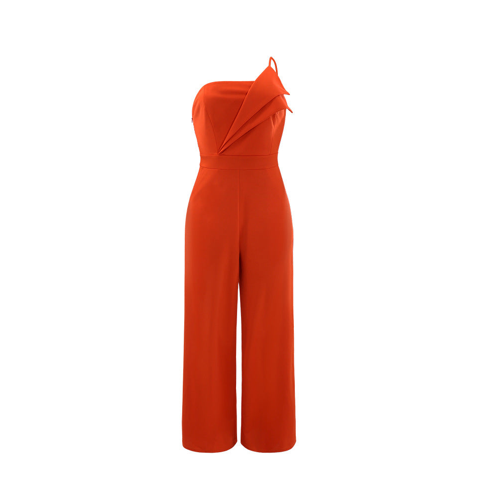 Strap Tube Design Pleated Jumpsuit Straight Leg
