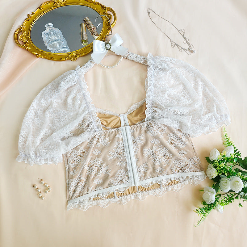 Sexy Lace See through Puff Sleeve Lace Boning Corset Top