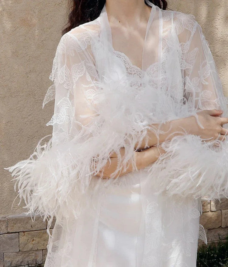 Ostrich Feather Sequin 3D Floral Lace Long Robe with Sequin Nightgown