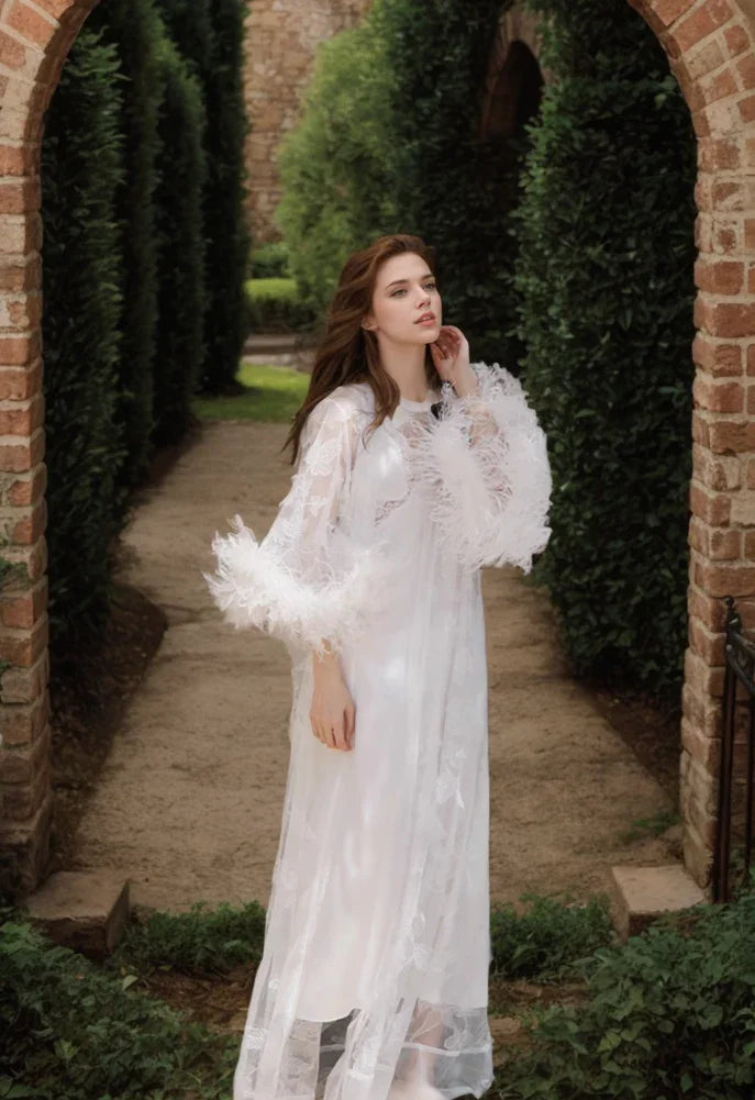 Ostrich Feather Sequin 3D Floral Lace Long Robe with Sequin Nightgown