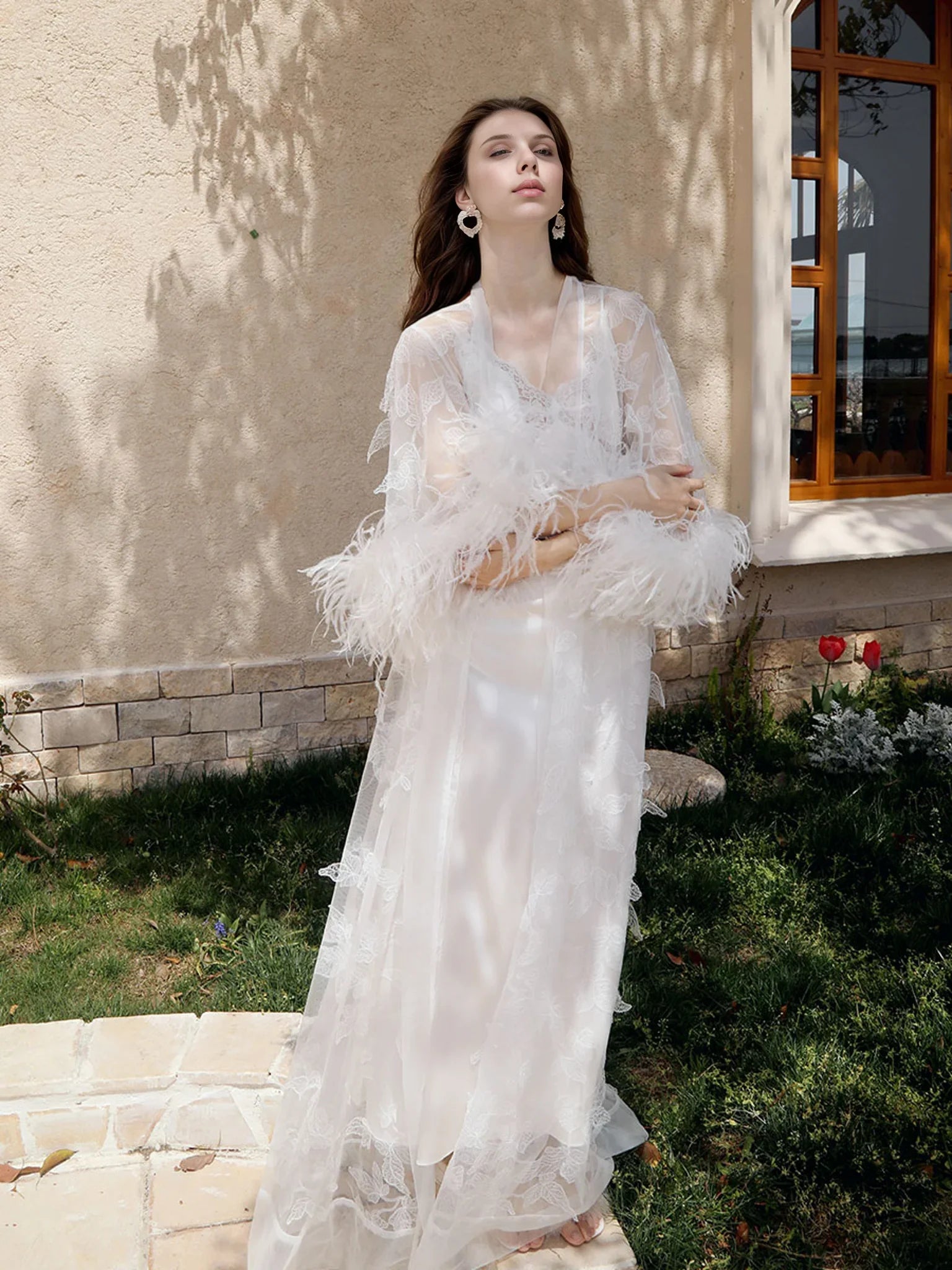 Ostrich Feather Sequin 3D Floral Lace Long Robe with Sequin Nightgown