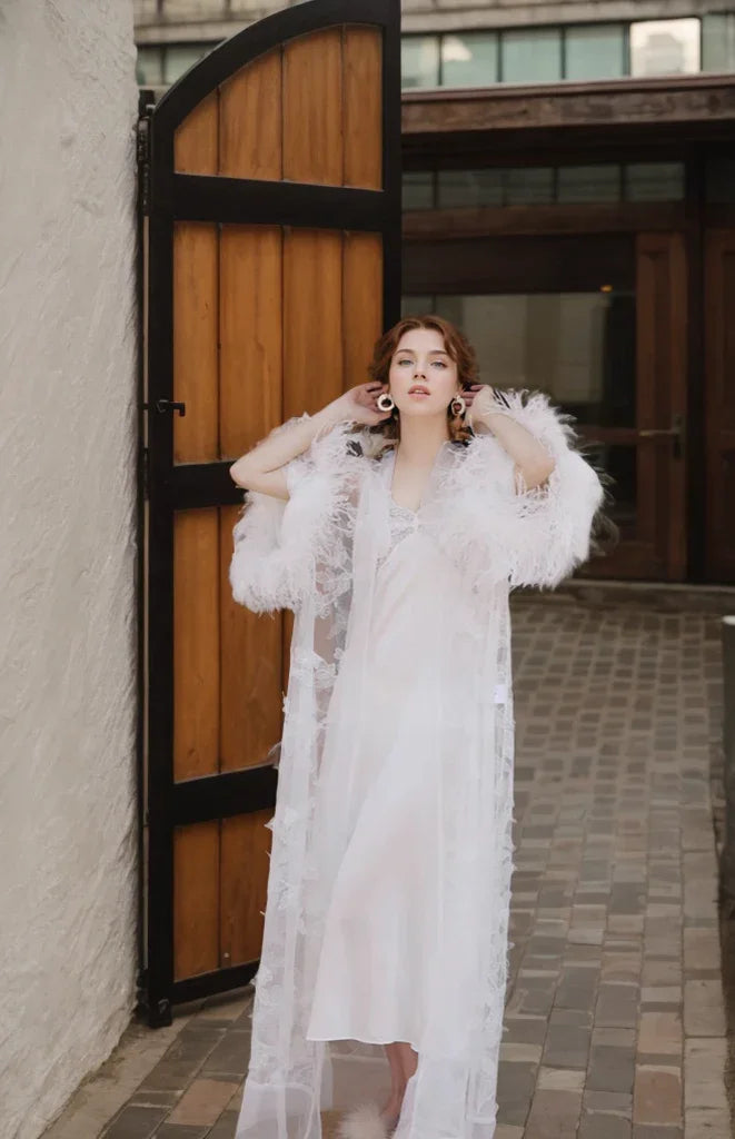 Ostrich Feather Sequin 3D Floral Lace Long Robe with Sequin Nightgown