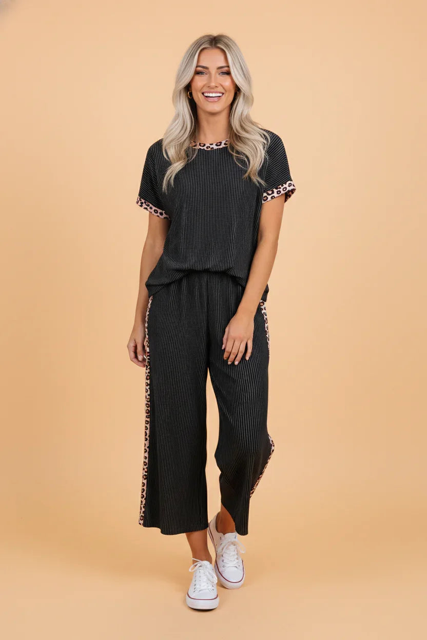 Ana Leopard Patchwork Corded Knit Two Piece Sets